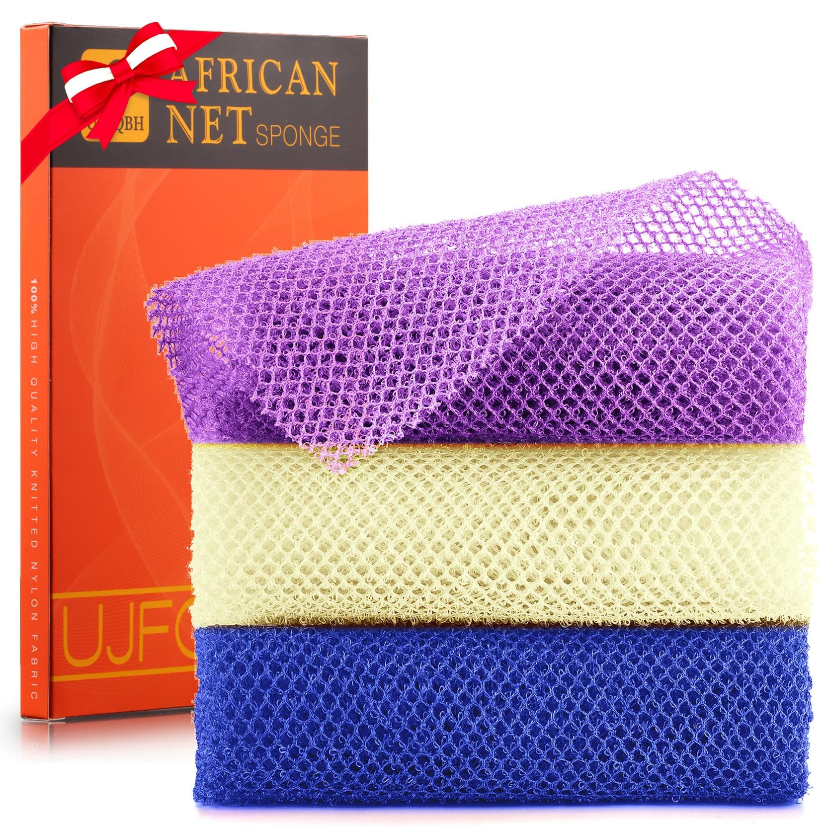 UJFQBH 3 Pieces African Bath Sponge African Net Long Net Bath Sponge Exfoliating Shower Body Scrubber Back Scrubber Skin Smoother,Great for Daily Use (Pink,Yellow,Purple)